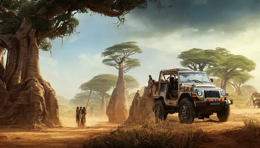 Prompt: mahindra thar driving through madagascar with baobabs trees, tribe members chasing for an attach, action scene, an epic fantasy, artgerm and greg rutkowski and alphonse mucha, an epic fantasy, volumetric light, detailed, establishing shot, an epic fantasy, trending on art station, octane render, midsommar