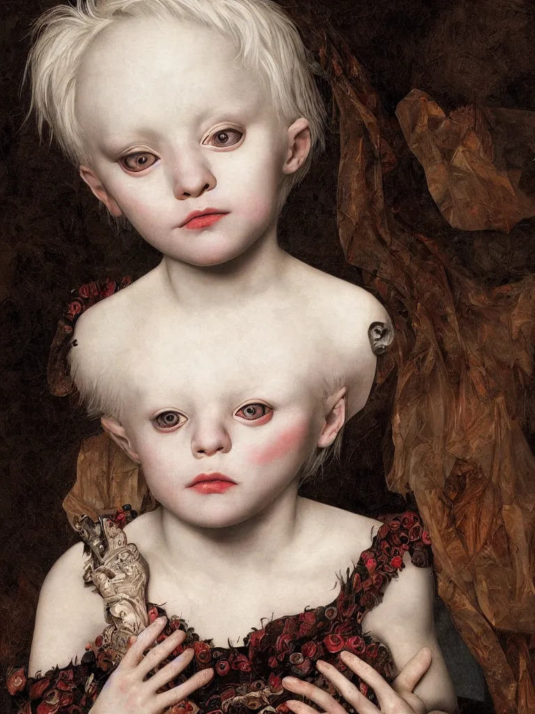 Image similar to Detailed maximalist portrait of a stunning albino child with cracked porcelain skin, dark piercing eyes, a small discrete mouth, HD mixed media, 3D collage, highly detailed and intricate, surreal illustration in the style of Caravaggio, dark art, baroque