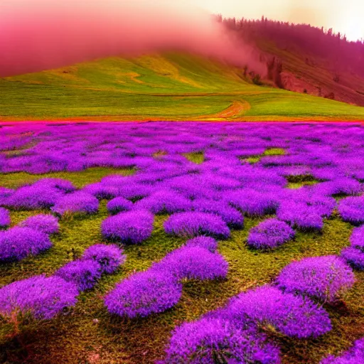 Image similar to a symmetrical a photo of the valley of the moon, bio illuminance flowers, fog rolling in, symmetrical