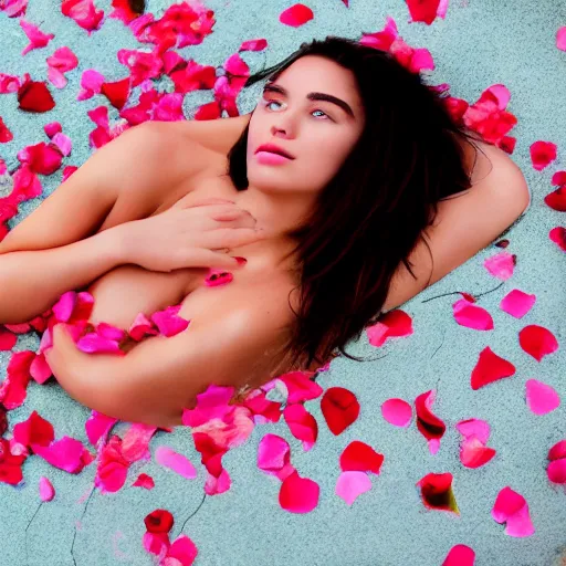 Image similar to woman laying in a pool of rose petals, movie poster, realistic, soft lighting, professional, full body, view from top