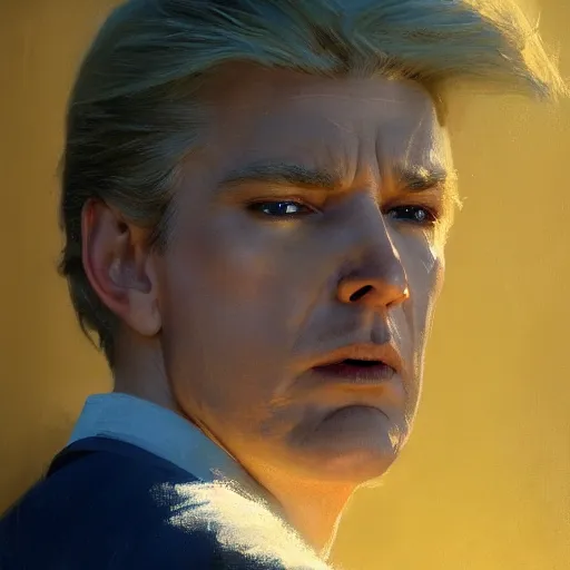 Prompt: detailed cinematic wide shot of beautiful attractive donal trump slim face symettrical face clean skin blue eyes black robe smooth, sharp focus, ultra realistic, spring light, painting by gaston bussiere, craig mullins, j. c. leyendecker