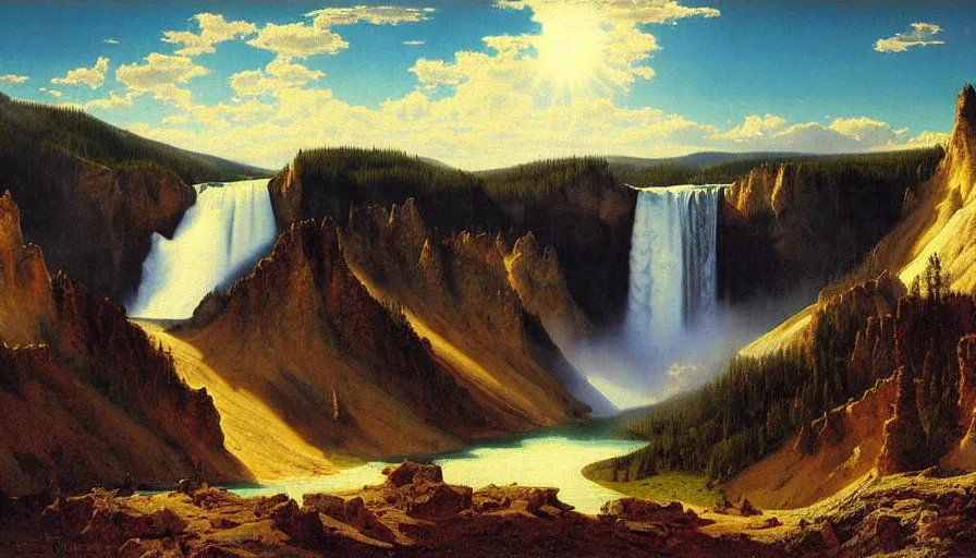 Prompt: yellowstone national park epic painting by albert bierstadt, dramatic sky clouds, sun rays from heaven, dark rocks, high mountain with waterfall, lake with blue water, artstation