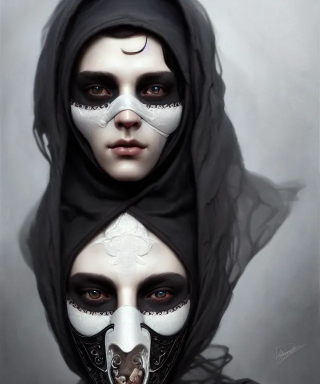 Prompt: white man with black fabric mask, short dark hair, highly detailed face!!!, true anatomy!, extremely detailed!, digital painting, unreal engine 5, art by tom bagshaw