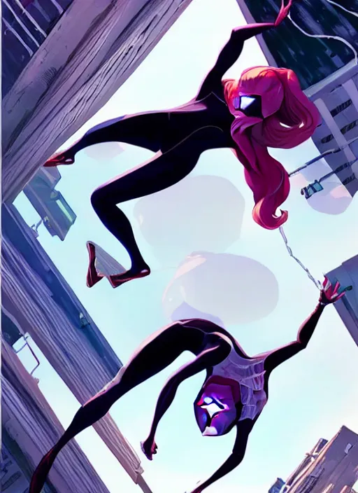 Image similar to Rafeal Albuquerque comic art, Joshua Middleton comic art, cinematics lighting, pretty female Emma Stone as Spider Gwen, Marvel comics, hanging from white web, playful smirk, symmetrical face, symmetrical eyes, full body, flying in the air, city in background