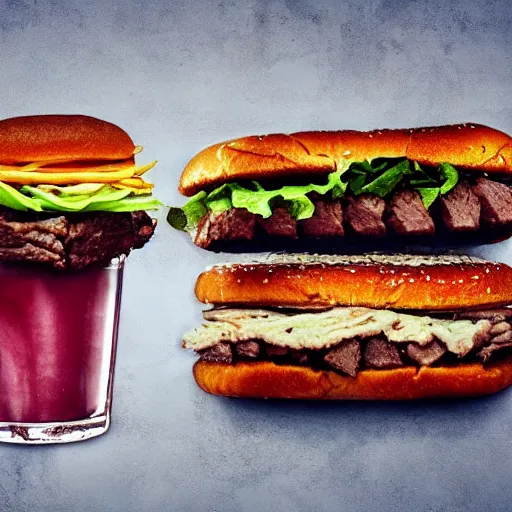 Image similar to food, sandwich, hamburger, steak, drinks, juicy meat, dripping sauce, dramatic lighting, cinematic, artistic