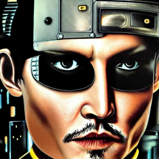 Prompt: johnny depp as a borg drone, tng, star trek, the borg, cybernetic implant, borg collective, hd, full length portrait, detailed face