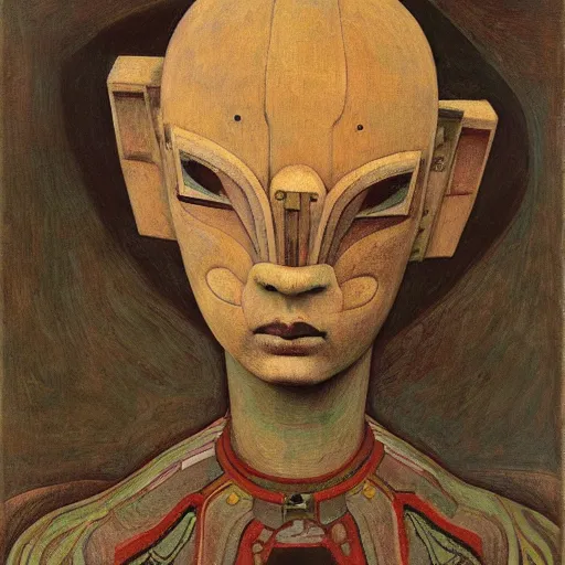 Image similar to the robot girl wearing her bird mask, by annie swynnerton and diego rivera and elihu vedder and lucien freud, symbolist, dramatic lighting, elaborate geometric ornament, head and shoulders view, art brut, soft cool colors, smooth, sharp focus, extremely detailed, adolf wolfli, leo and diane dillon, nicholas roerich