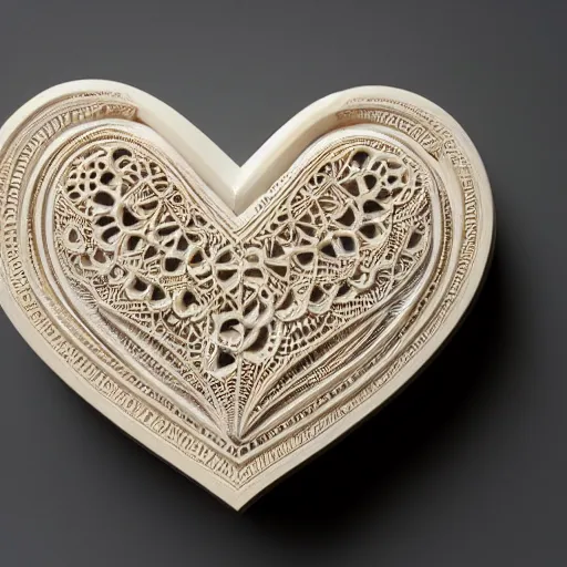 Image similar to intricate heart delicately carved into large block of ivory, c anon 5 d 5 0 mm lens