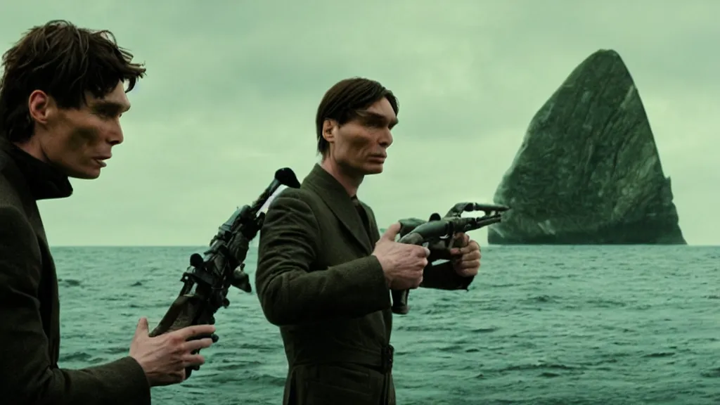 Image similar to photo of Cillian Murphy holding a Thompson, coming out of the ocean, extreme detailed face, spaceship far on the background, film still from the movie directed by Denis Villeneuve with art direction by Zdzisław Beksiński, wide lens