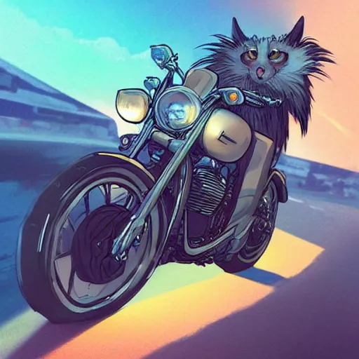 Image similar to cute fluffy caracal riding a harley motorcycle, road, sunset. adventurous, atmospheric lighting, stunning. by makoto shinkai, rossdraws, james jean, andrei riabovitchev, marc simonetti, krenz cushart, trendig on artstation, digital art