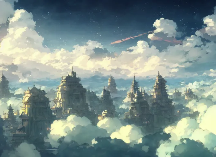 Image similar to floating city on clouds, 8 k, hd, details, fantasy, epic, ancient city, landscape illustration concept art anime key visual trending pixiv fanbox by wlop and greg rutkowski and makoto shinkai and studio ghibli and kyoto animation symmetrical facial features