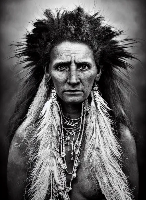 Image similar to Award winning Editorial photo of a female Native Liechtensteiners with incredible hair and beautiful hyper-detailed eyes wearing traditional garb by Lee Jeffries, 85mm ND 5, perfect lighting, gelatin silver process