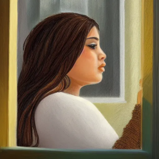 Image similar to a ultra detailed painting of young plus size hispanic woman with long dark brown hair with bangs, tan skin, brown eyes, and yellow cardigan, wistfully looking out the her bedroom window, during a sunset high quality, cute, award winning, trending on art station,