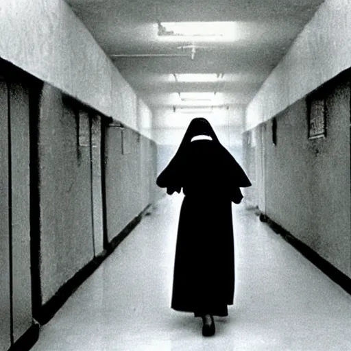 Image similar to a nun walking in the danvers state hospital. still from blade runner.