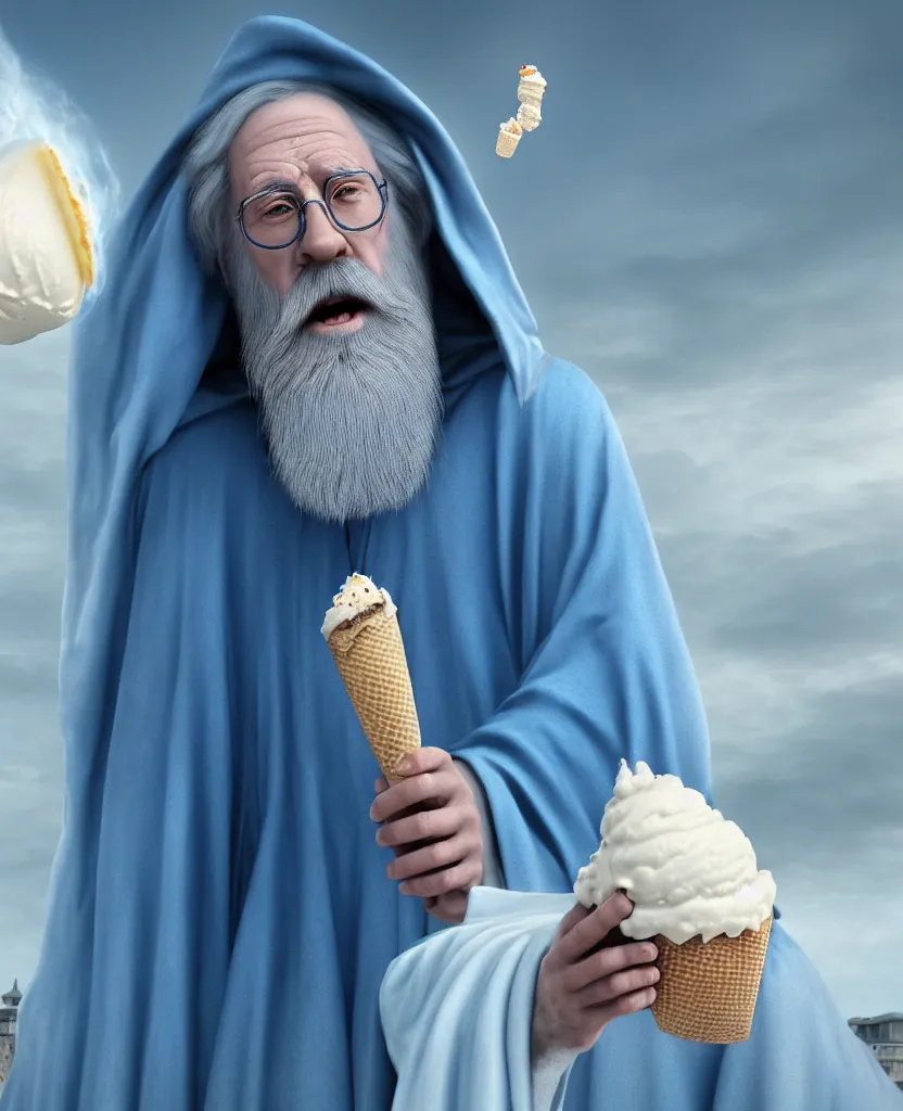 Prompt: hyper realistic matte painting of an ancient wizard in blue robes with a long white beard as he is resting inside of a giant empty ice cream cone, the wizard is looking out from the top, extremely detailed, photorealistic, octane render, 4 k, 8 k