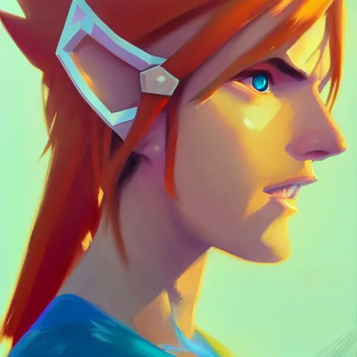 Image similar to portrait of a female Link from legend of Zelda, medium shot, asymmetrical, profile picture, Organic Painting, sunny day, Matte Painting, bold shapes, hard edges, street art, trending on artstation, by Greg Manchess and Loish and Sachin Teng