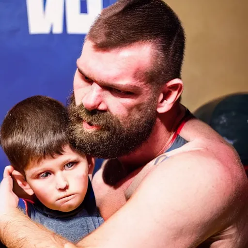 Image similar to ESPN photo of Tall male Wrestler with stubble drinking a bottle of wine, while holding a small child in a choke hold