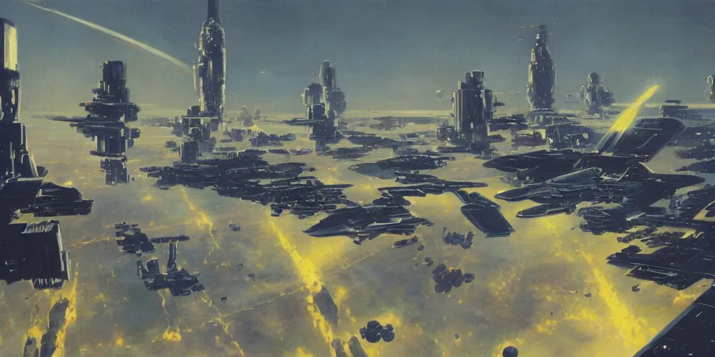 Image similar to a painting of low earth orbit space city under war by john harris.