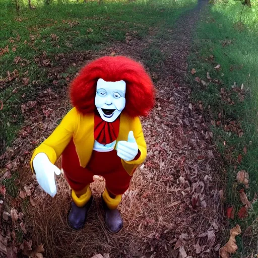 Prompt: trail cam photo of Ronald McDonald staring directly at the camera