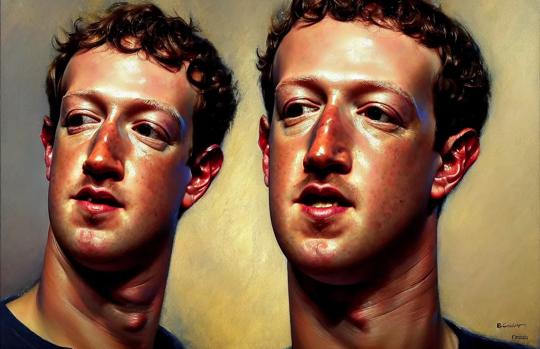 Image similar to portrait of mark zuckerberg!!!!!!!!!!!!!!!!!!!!!!!!!!!, detailed face, detailed painting, flat lighting, by ilya repin, phil hale and kent williams