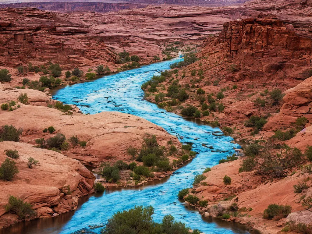 Prompt: “a river running through a canyon surrounded by desert mountains, moab, utah, a tilt shift photo by Frederic Church, trending on unsplash, hudson river school, photo taken with provia, national geographic photo, tilt shift”