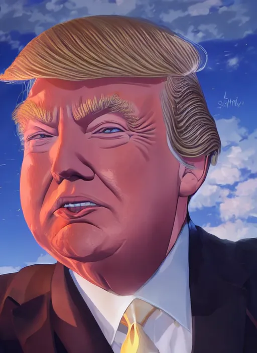 Image similar to donald trump, single centered subject, mid shot, ambient lighting, detailed face, by makoto shinkai, stanley artgerm lau, wlop, rossdraws