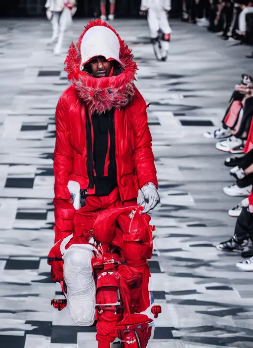 Image similar to hyperrealistic and heavy detailed moncler runway show of whole lotta red by playboi carti, leica sl 2 5 0 mm, vivid color, high quality, high textured, real life
