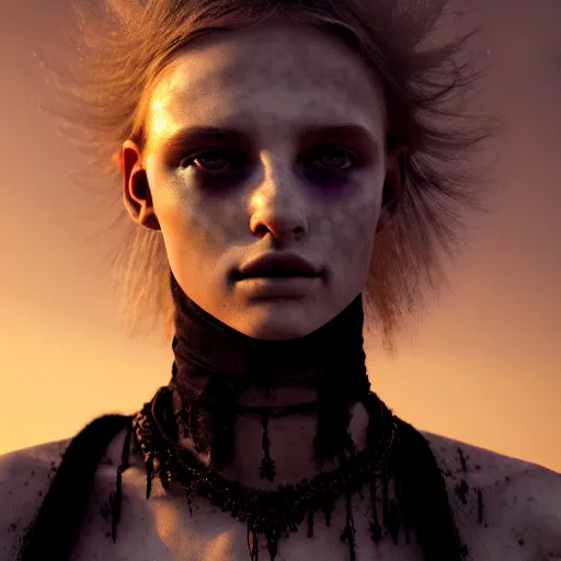 Image similar to photographic portrait of a stunningly beautiful post apocalyptic gothic female in soft dreamy light at sunset, contemporary fashion shoot, by edward robert hughes, annie leibovitz and steve mccurry, david lazar, jimmy nelsson, breathtaking, 8 k resolution, extremely detailed, beautiful, establishing shot, artistic, hyperrealistic, beautiful face, octane render