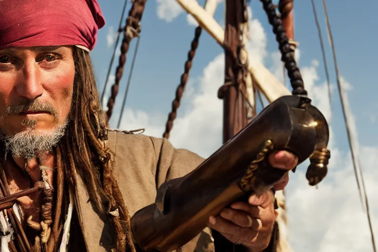 Image similar to closeup old pirate with a flintlock pistol on an old pirate ship, by emmanuel lubezki