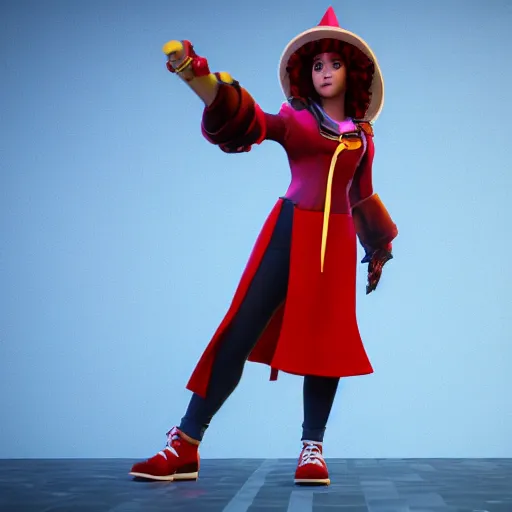 Image similar to a curly haired female wizard wearing a red wizard hat as a fortnite character, screenshot from fortnite, 3 d unreal engine render