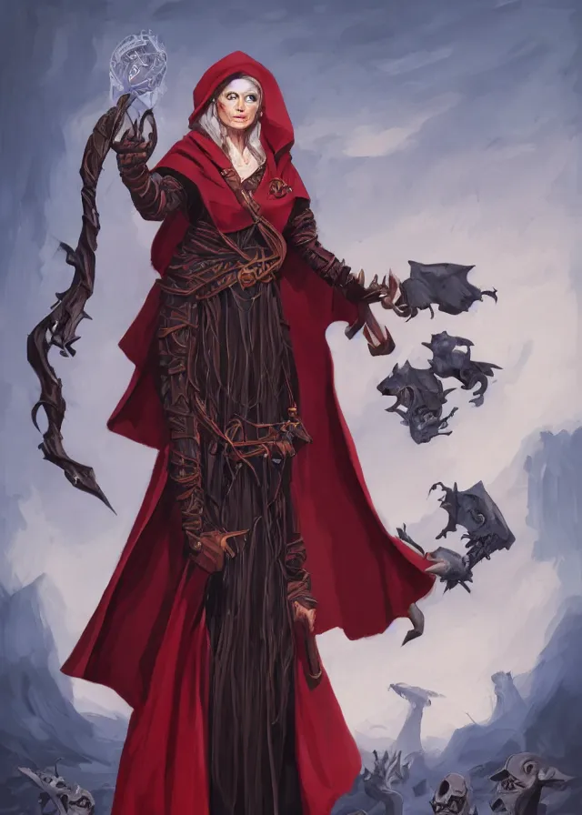 Image similar to a female dnd wizard's portrait by brian patterson and rhads, black, african, red robes, necromancer, bones, skulls, papers and tomes
