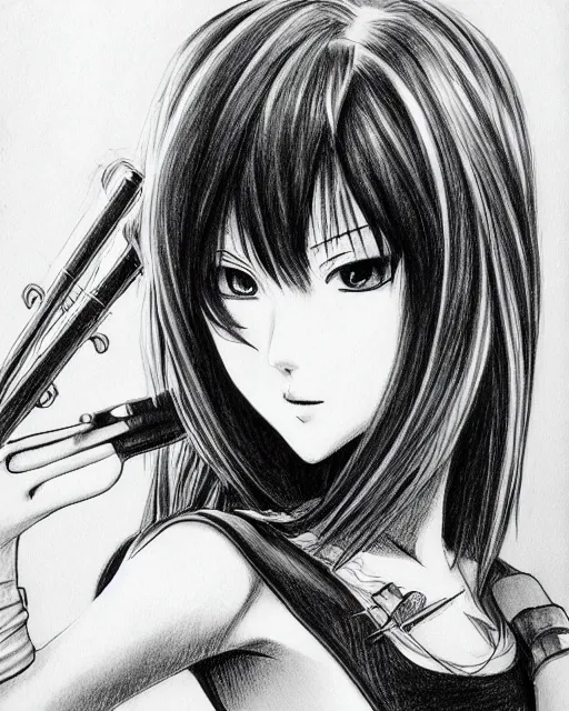 Prompt: beautiful drawing painting detailed cinematic guitar girl portrait in graphic novel frank miller toriyama gantz ishikawa ken ito junji style trending on deviantart artstation