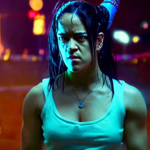 Prompt: cinematic scene with michelle rodriguez as jolyne from jojo's bizarre adventure, live action film, stone ocean, dramatic, small details, volumetric lighting, still frame