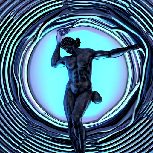 Image similar to a renaissance statue surrounded by a neon ring 3 d render, black background, ray tracing, 8 k resolution, shar focus, hyper detailed, hyper realistic