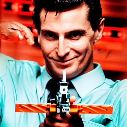 Prompt: Patrick Bateman holding a nerf blaster, movie poster