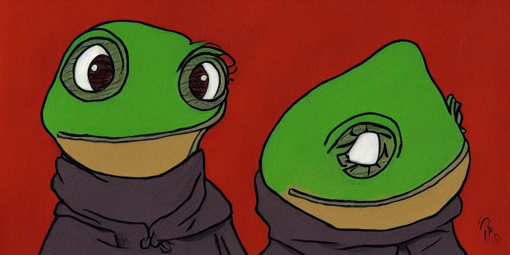 Image similar to sad pepe, big eyes, dark background, crying, emotional painting, high quality, detailed