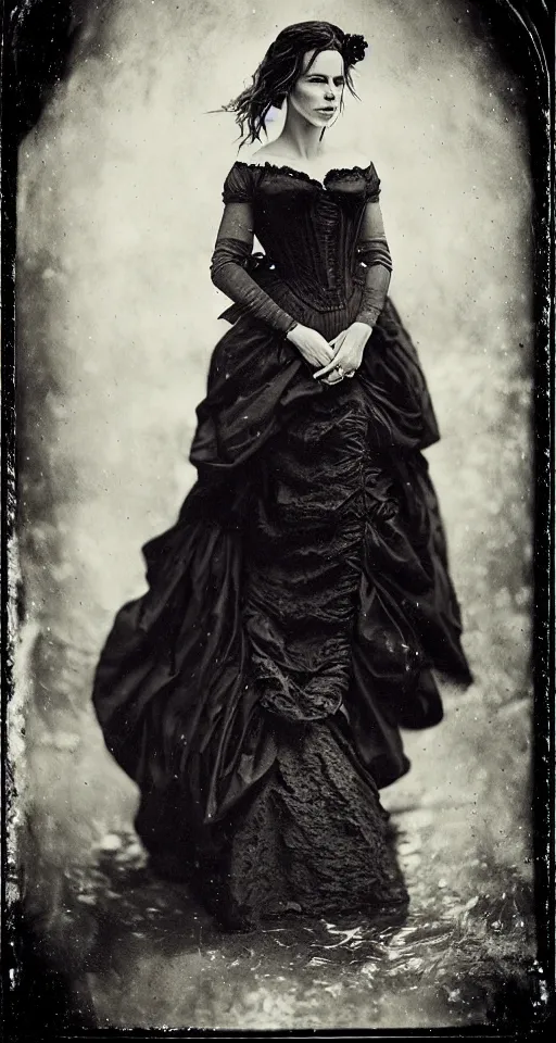 Image similar to a wet plate photograph, a beautiful portrait of Kate Beckinsale dressed in victorian era clothes