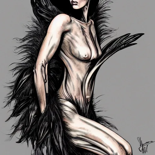 Image similar to jennifer connelly as alien bird - woman, gray skin, wearing black hooded cloak, huge wings, black feathers instead of hair, black feathers growing out of skin, bumpy skin, screaming, losing control, black feathers growing out of face, black hands with black claws, comic book, giger, mucha, trending on artstation