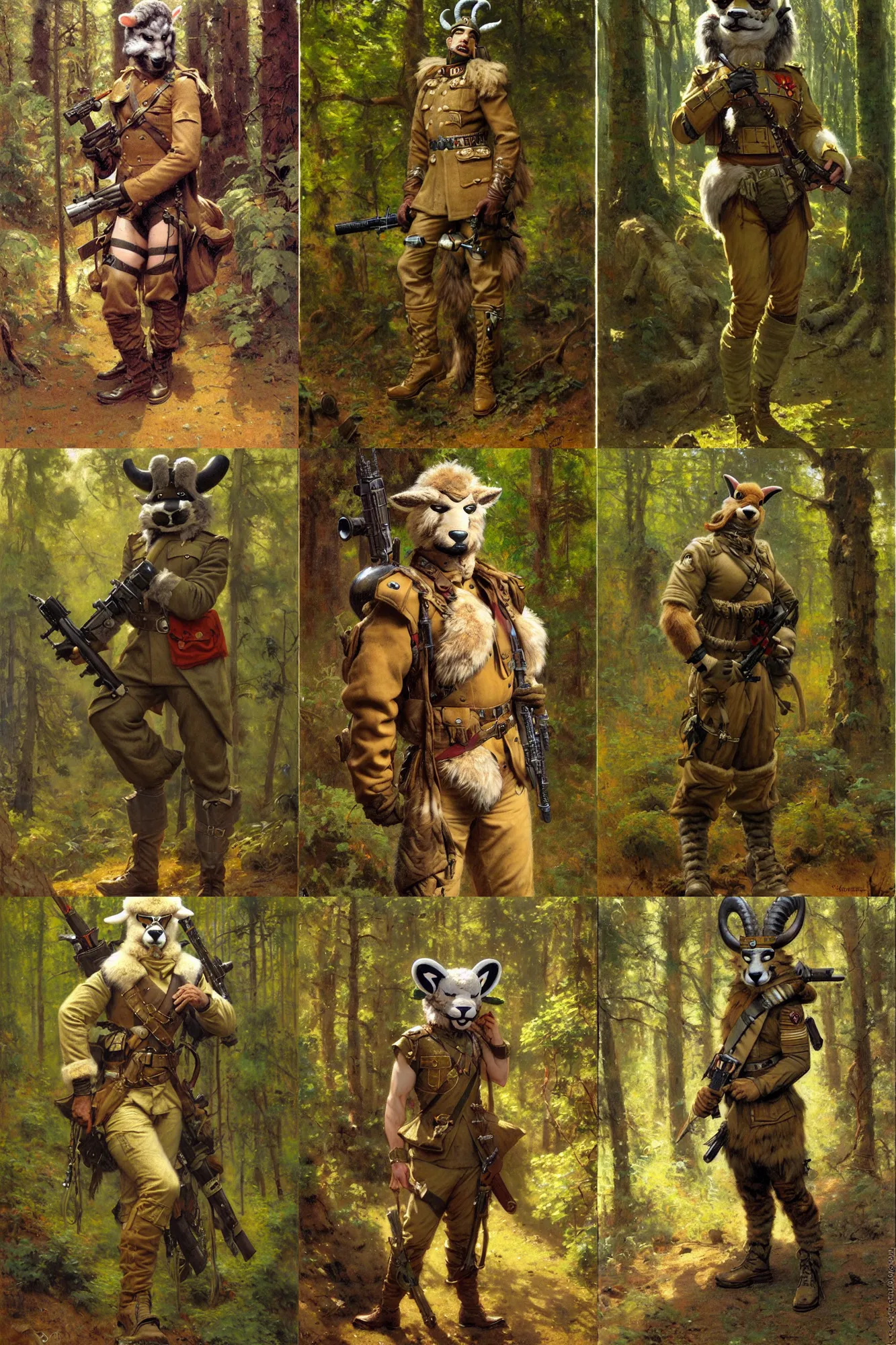 Prompt: anthropomorphic furry ram soldier wearing modern military gear in a forest, character design, painting by gaston bussiere, craig mullins, j. c. leyendecker, tom of finland