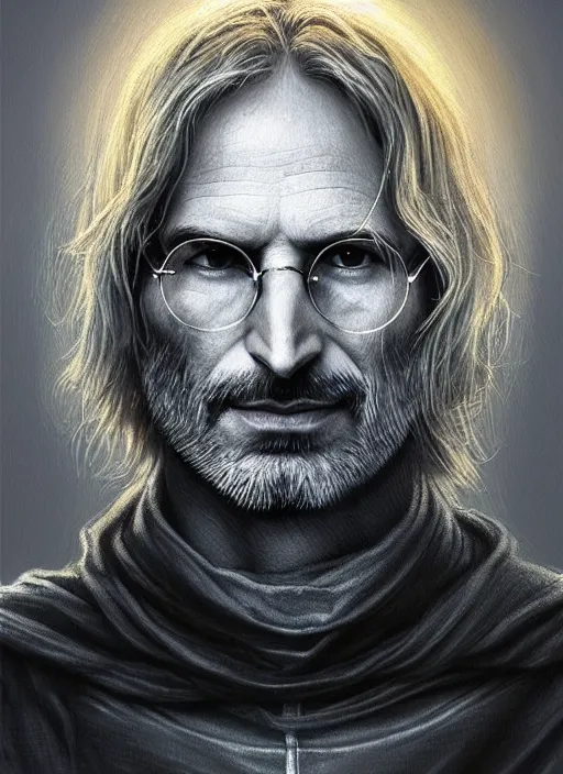 Image similar to portrait of steve jobs, white glowing eyes, silver shaggy hair, cloak, ethereal wings, male, fantasy, extremely detailed, digital painting, artstation, concept art, smooth, sharp focus, illustration, stunning lighting, art by artgerm and alphonse mucha and simon stalenhag, realistic character concept, high fantasy, light atmosphere, golden ratio, cinematic lighting