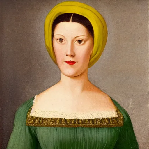 Image similar to a renaissance oil painting of a portrait of a young woman from the fifties, without eyebrows, seated in front of a landscape, wears a dark green dress, with yellow sleeves, with gold interlacing and embroidery at the neckline, a translucent black veil covers the finely curly hair, her arms are bent and her hands crossed