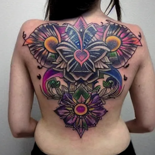 Image similar to tattoo along female back, epic, colorful, beautiful, intricate detail