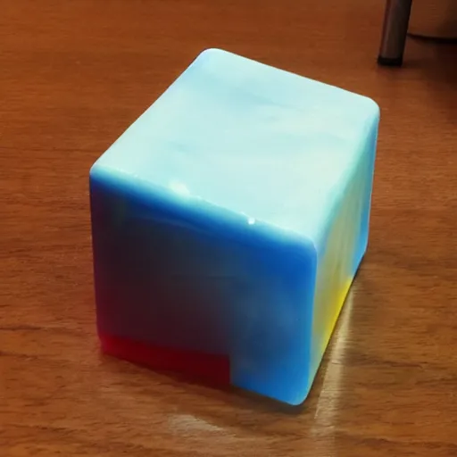 Prompt: a cube made of warping melting plastic