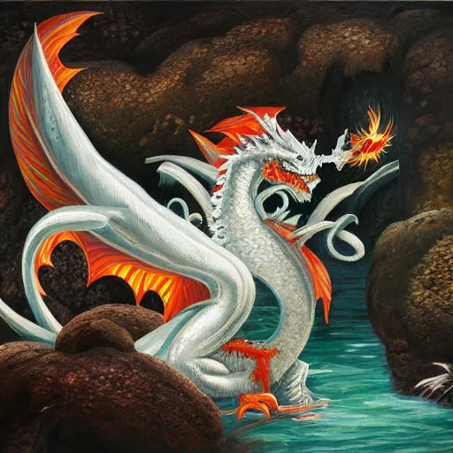 Image similar to highly detailed oil painting of a white dragon sitting in a colorful hotspring within a dark cavern