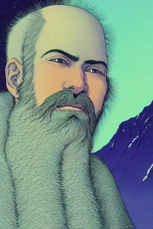 Image similar to a colorful closeup portrait of a young bald man with a very long wild beard dreaming psychedelic hallucinations in the vast icy landscape of antarctica, by kawase hasui, moebius and edward hopper, colorful flat surreal design, hd, 8 k, artstation