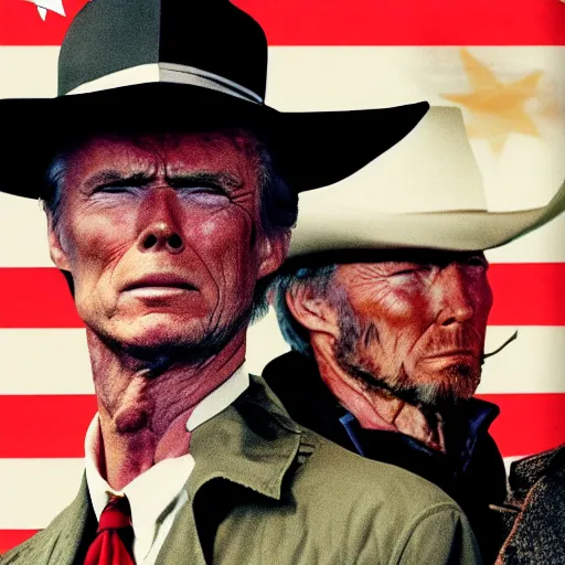 Prompt: donald trump playing the role of clint eastwood, squinting at high noon, in the style of a clint eastwood movie, the good, the bad and the ugly, distinguished, clint eastwood, vibe, glory days, mount rushmore, stern, resolve, formal, justice, american flag, independence, patriotism, symmetry, centered, balance