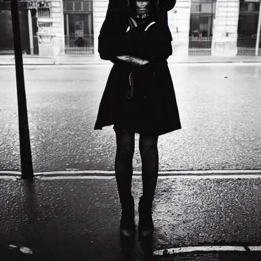 Image similar to black and white fashion photograph, highly detailed portrait of a depressed girl drug dealer on a Paris street at night, detailed face looking into camera, eye contact, natural light, long exposure, rain, mist, lomo, fashion photography, film grain, soft vignette, sigma 85mm f/1.4 1/10 sec shutter, Daren Aronofsky film still promotional image, IMAX 70mm footage