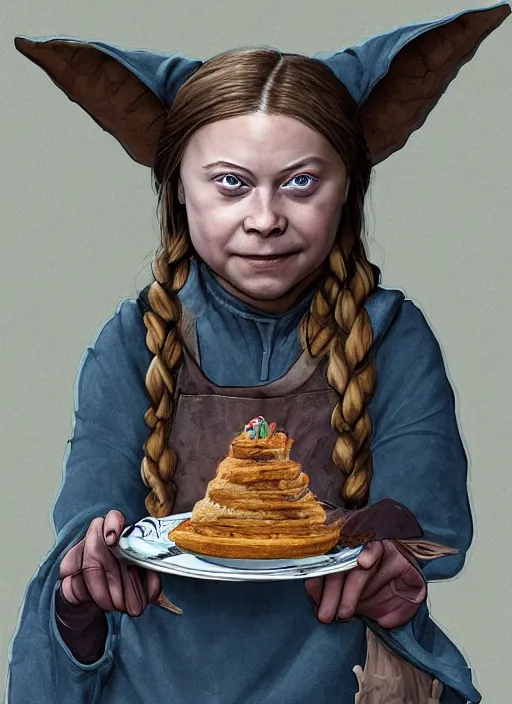 Image similar to greta thunberg as a medieval goblin eating cakes, detailed digital art, trending on Artstation