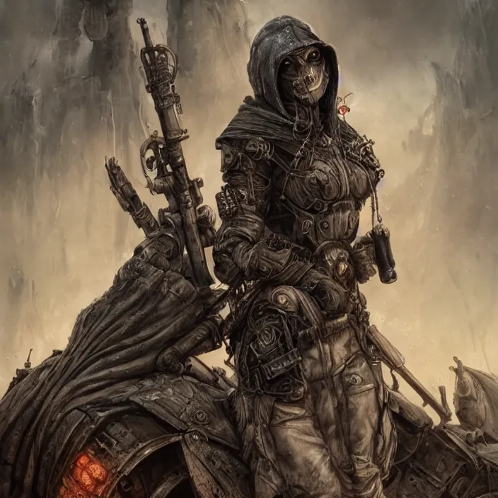 Image similar to beautiful apocalyptic woman in hooded cloak, standing on mad max panzer tank, hyper-detailed, smooth, sharp focus, 4k ultra hd, fantasy dark art, tank girl, artgerm, artstation, octane render, elegant, detailed digital painting, apocalyptic art