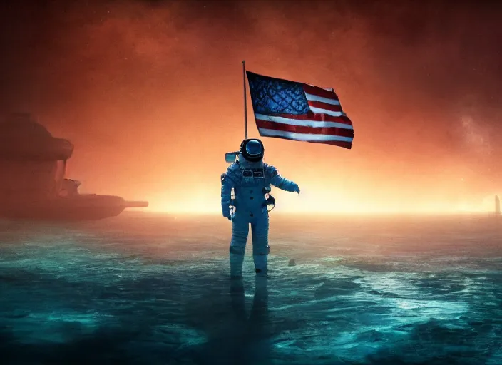 Image similar to astronaut holding a flag in an underwater desert. a submarine is visible in the distance. dark, concept art, cinematic, dramatic, atmospheric, 8 k, trending on artstation, blue, fish, low visibility, fog, ocean floor, christopher nolan, interstellar